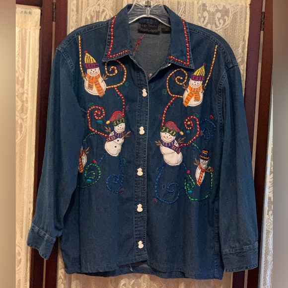 Life Style Tops - LIFE STYLE DENIM SNOWMAN SHIRT - SZ SMALL
